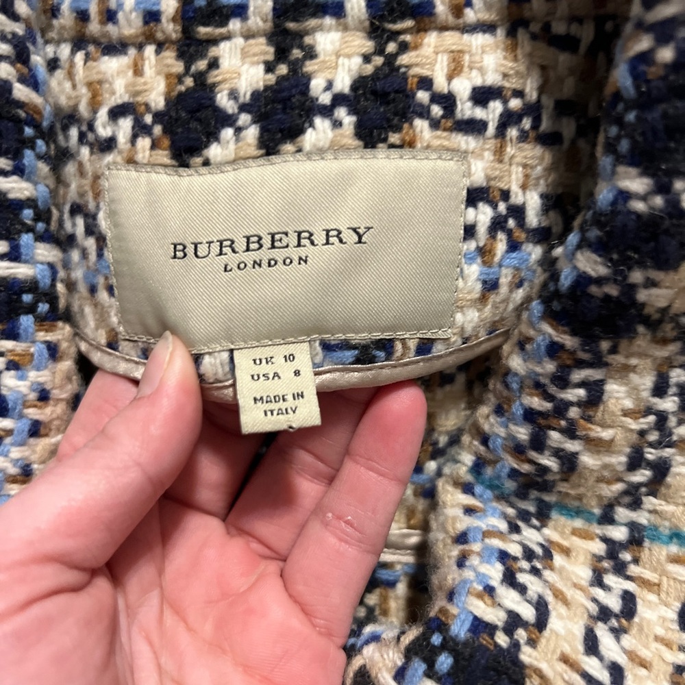 burberry jacket‎ womens 8 tan blue tweed houndstooth blazer quiet luxury classic - Picture 10 of 16